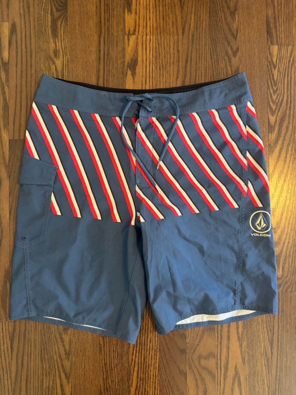Volcom Men’s Navy Boardshorts with Red & White Diagonal Stripes